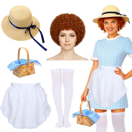 Mepase 6 Pcs Halloween Snack Cake Costume Women Food Costume Accessories Include Curly Hair Wig Apron Straw Hat Woven Basket Socks for Adults Cosplay Dress up Party