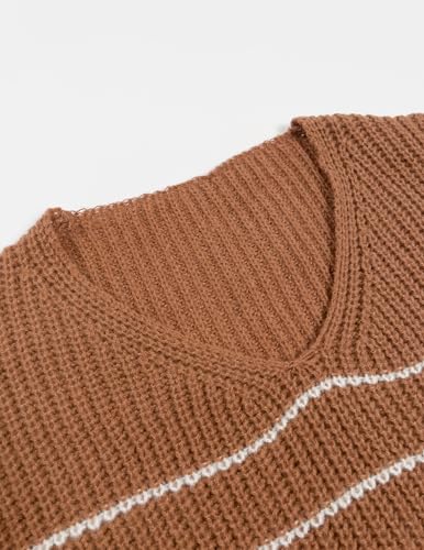 Women's Oversized V Neck Cute Striped Sweaters Fall 2024 Lightweight Cozy Ribbed Knit Long Sleeve Pullover Sweater4
