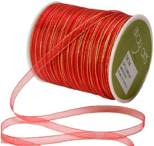 May Arts 1/4-Inch Wide Ribbon, Red Sheer with Gold Edge