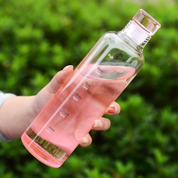 Image of Glass Water Bottle with Time Marker - 500ml Leakproof Reusable Bottle - BPA-Free Transparent Bottle with Colored Lids - Drinking Fridge Bottles Water, Milk, Lassi, Juices, Beverages (pink)