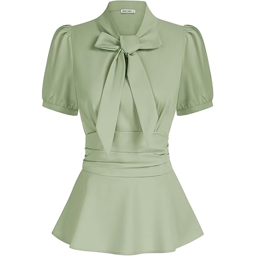 GRACE KARIN Women's Office Bow Tie Blouse Puff Sleeve Peplum Dressy Shirt Smocked Waist