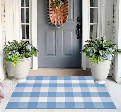 Buffalo Plaid Outdoor Rug 27.5''X 43.3' Light Blue White Checked