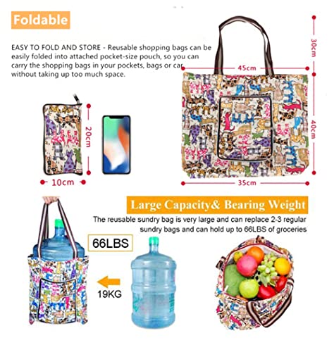 Couragejoy Reusable Shopping Bags Foldable Washable Waterproof Large Grocery Bags Heavy Duty Long Handles With Zipper Attached Pouch Sturdy Daily Bags For Working Traveling(Cats Pattern)… #TOP1