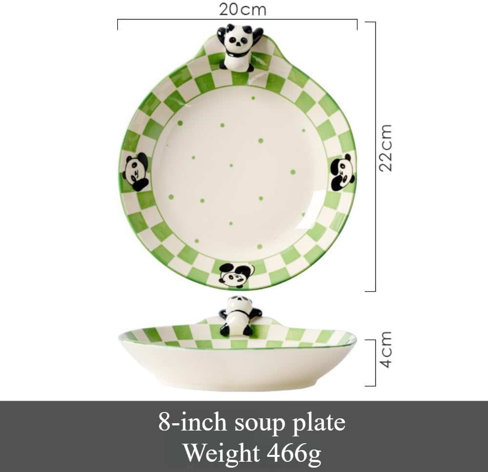 Ceramic Bowl Plate Set Underglaze Tableware Cute Panda Dinner Household Snack Breakfast Dessert Bird'S Nest Salad Fruit Ice Cream Soup Pasta (8-inch plate)