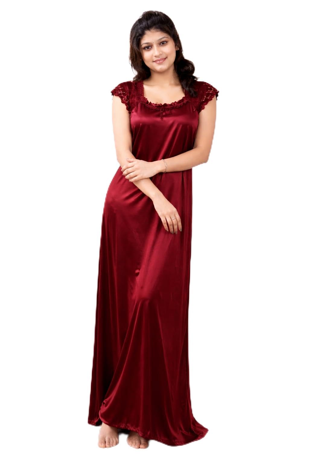 Satin Full Length Nighty for Women, Maroon Maxi Night Gown with Lace Detail, Soft Breathable Fabric, Stylish Night Dress-image-23