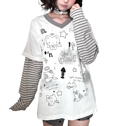Womens Y2k Cute Graphic Sweatshirts Harajuku Kawaii Striped Sweatshirt Patchwork Cartoon Casual T-Shirts-picture-53