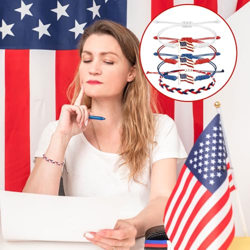 Image of 24 Pcs 4th of July Bracelets Red White and Blue Bracelets Patriotic USA American Flag String Woven Wristband Bulk 4th of July Party Favors for 250th Anniversary Independence Day Parade Supplies