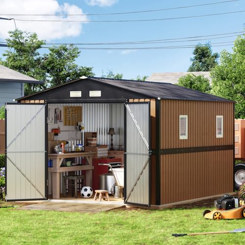Image of Panovue 10X12 FT Outdoor Steel Storage Shed with Lockable Doors, 2 Windows, Garden Shed Ideal for Backyard, Patio Storage,Chicken Coop(Wood Panels & Frame Floor Not Included)