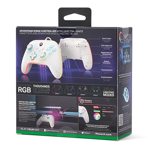 Image of PowerA Advantage Wired Gaming Controller with Lumectra for Xbox Series X /S, Xbox One, PC, Windows 10 /11 with Vivid LED Lighting, White (Officially Licensed)