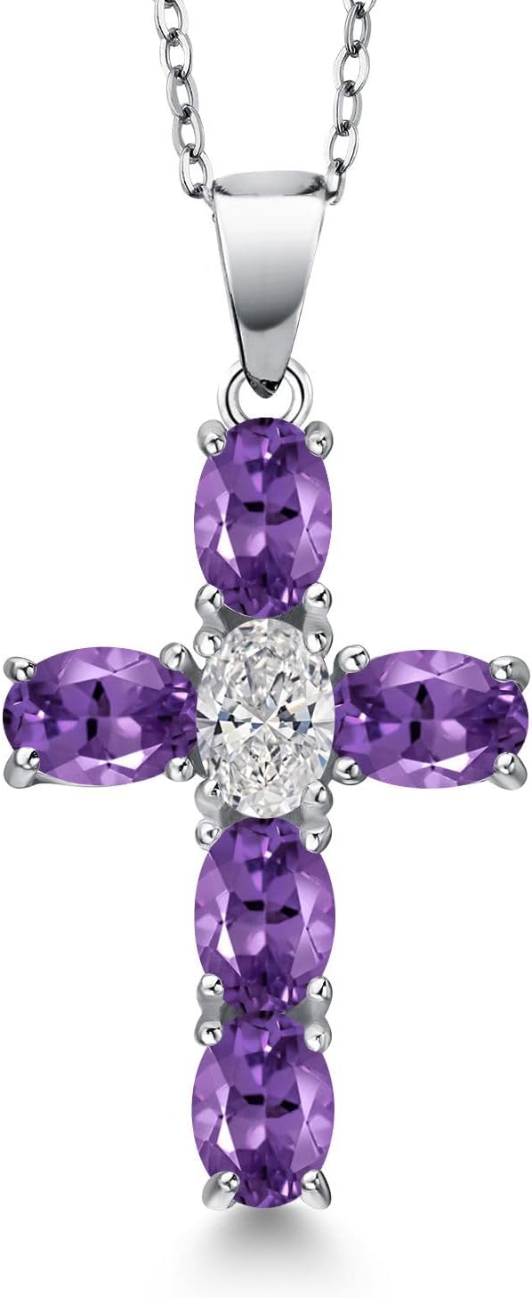Gem Stone King 925 Sterling Silver Purple Amethyst and Lab Grown Diamond Cross Pendant Necklace for Women | 2.65 Cttw | Gemstone February Birthstone | Oval 6X4MM | With 18 Inch Chain