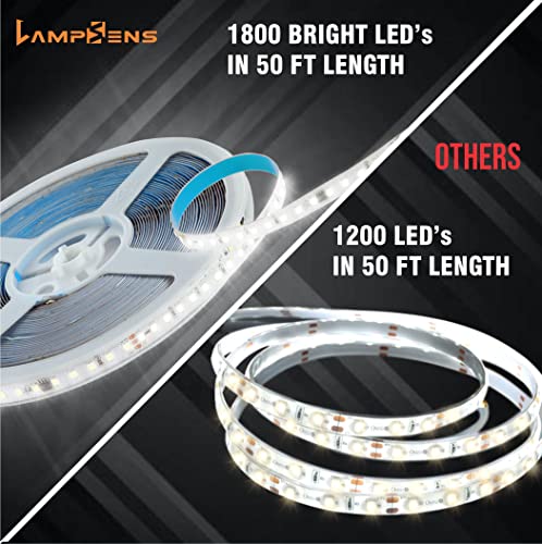 Lampsens White Led Strip Lights 50Ft Dynamic Chasing Effect 1800 Leds, Dimmable Led Strip Lights, Smart Switch & Bluetooth Led Lights App Control, 3-Pin Connector For Diy, Music Sync, 24V Adapter #TOP5