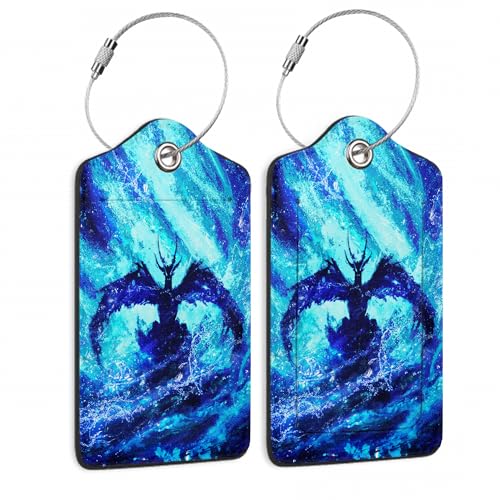 2 Pack Luggage Tag for Suitcases Blue Dragon Glowing PU Leather Bag Travel Suitcase ID Identifier Baggage Tags for Women Men Travel