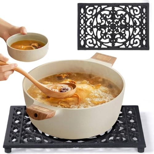 Notakia 9.6 x 6.3 Inch Cast Iron Trivet Set, Large Metal Trivets for Hot Dishes Pots Pans Decorative Kitchen Trivets, Heat-Resistant Trivet Mats for Quartz Countertops, Table Cooktop (Black,