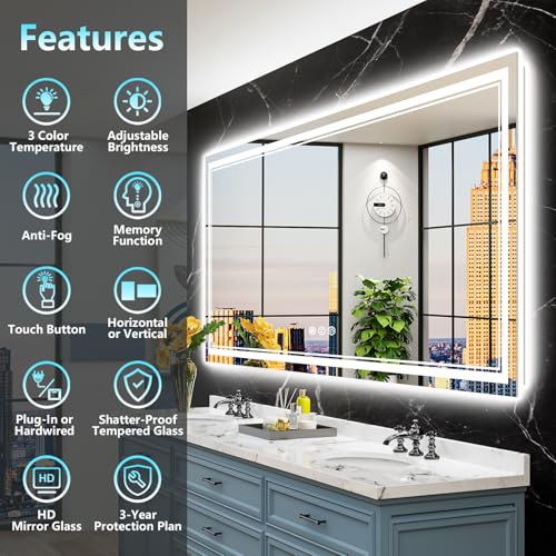 Image of 77x36 LED Bathroom Mirror with Lights, Backlit and Front Lit Anti-Fog Lighted Vanity Mirrors for Bathroom Wall, Dimmable, 3-Color Light, Memory, Shatter-Proof, HD Tempered Glass, CRI>90