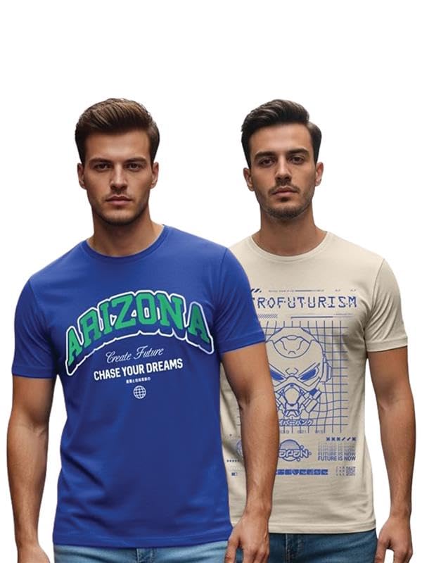 Image of Veirdo Men's Trendy Graphic Regular Fit T-Shirt Combo Pack of 2 | Casual Pure Cotton Round Neck Tees | Stylish Fashion Tops for Everyday Wear | Sizes: S to XXL