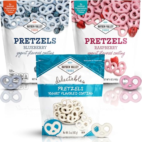 Hayden Valley Foods Yogurt Flavored Covered Pretzel Variety Pack | 5 oz Bags (Pack of 3) | Raspberry, Blueberry and Vanilla | Gourmet Naturally Flavored Pink, Blue and White Pretzels - image 1