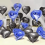 Just Party 5 Pcs Blue & Black 18 Inch Heart Shape Foil Balloons with Shiny Surface For Birthdays/Anniversary/Engagement/Baby Shower/bachelorette Party Decorations (Satin Roll & Straw Included)