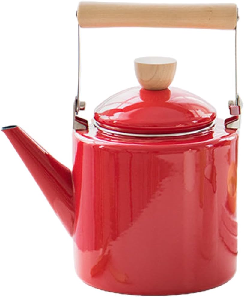 Cabilock Enamel Tea Kettle with Wooden Handle 2.4L Stovetop Water Kettle for Boiling Hot Water Coffee and Tea Suitable for Gas and Induction Cookers