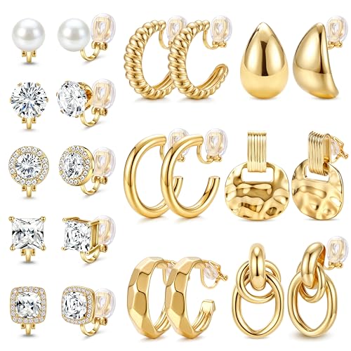 THUNARAZ 11 Pairs Clip on Earrings for Women 14K Gold Plated Clip Earrings Non Pierced Ears CZ Pearl Knot Chunky Hoop and Studs Earring Set Hypoallergenic Comfortable Ear Clip Jewelry Gold