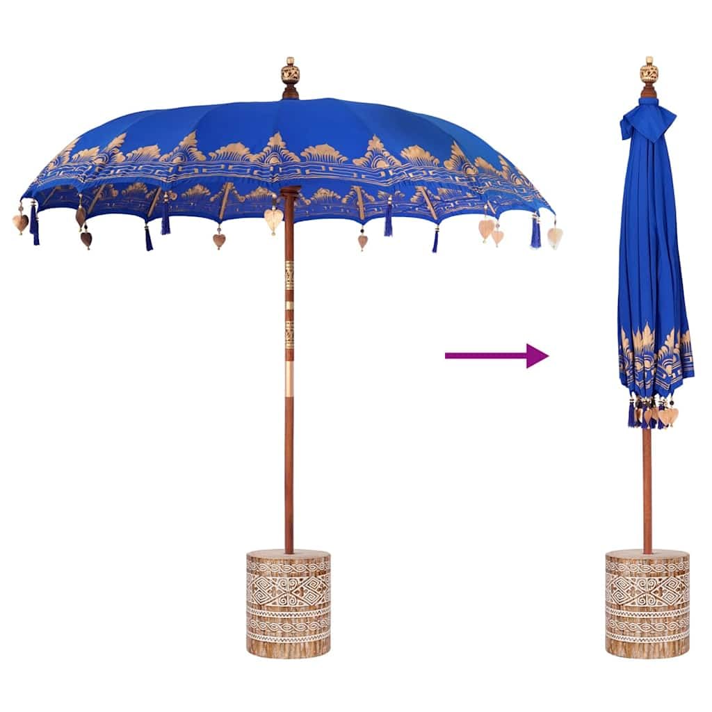 vidaXL Baliński Parasol z Bazą Niebieski 215 x 215 x 260 cm, Okrągły balijski parasol do ogrodu i na taras, cień na zewnątrz, dekoracja patio, tropikalna osłona