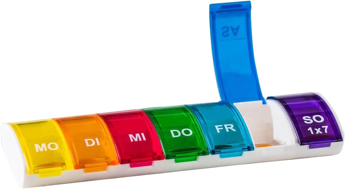 TERJBG 2 Stück Tablettenbox 7 Tage Deutsch, Regenbogen Pillendose 7 Tage, Klein Tabletten Organizer 7 Tage Morgens Abends, Regenbogen Medikamentenbox