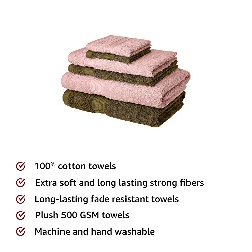 Image of Amazon Brand - Solimo 100% Cotton 6 Piece Towel Set, 500 GSM (Sepia Brown and Baby Pink)