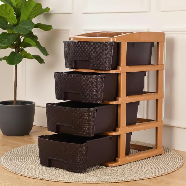 Image of KITCHIVO Plastic Modular Drawer Storage Chest Of Drawers Organizer Storage Box, Large Stomo Racks For Multipurpose Anti-slip Shoes Organizers (Brown, 4 Layer)