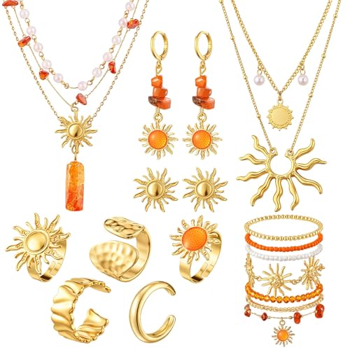 Image of Tondiamo 16 Pcs Gold Sun Jewelry Set for Women Sunburst Earrings Rings Boho Hippie Layer Charm Necklace Summer Beach Bracelets Anklet for Holiday Vacation Accessories