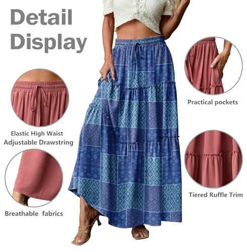 Image of Lepunuo Womens Casual Boho High Waisted Flowy Maxi Skirts Tiered Floral Long Skirts with Pockets for Summer Beach Vacation