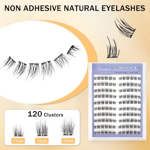 Image of MAYCREATE 120Pcs Self Adhesive Eyelashes Kit, Natural Look Clusters No Glue Needed Wispy Reusable Press on Lashes Pre-Glue Clear Band 11-13mm with Lash Tweezers