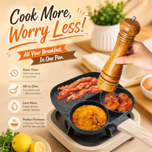Image of 3 in 1 Egg Pan Non Stick, Omelette Pan Non Stick with 3 Sections, Square Frying Skillet for Egg Frying, Pancake Maker, Sandwich Maker, Ceramic Breakfast Cookware for Gas & Induction