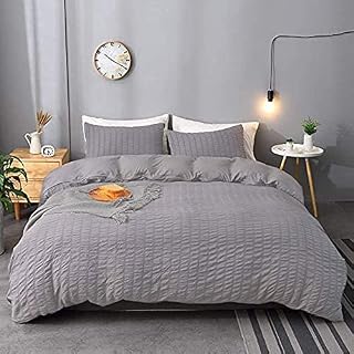 Seersucker Duvet Cover with Pillow Cases Silver Grey Bedding Bed Set 100% Cotton Waffle Quilt Covers Double King Super King Size (Silver, King)