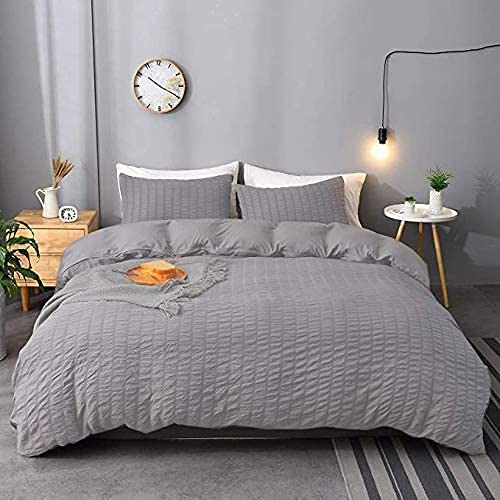 Silver Grey Seersucker Duvet Cover and Pillowcase Set - 100% Cotton Waffle Quilt Covers for Double, King & Super King Size Beds