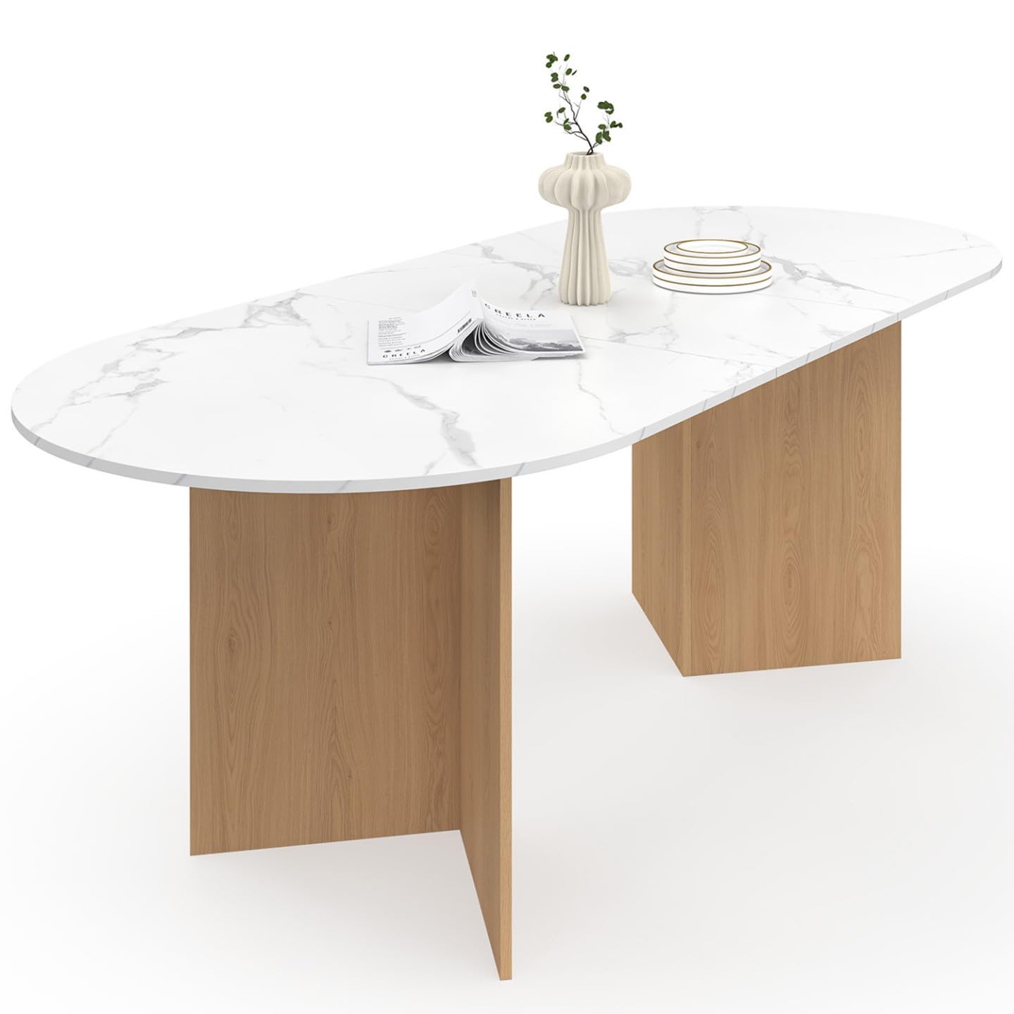 IDMarket – Mesa de comedor extensible ovalada Marthe 6-10 personas, bandeja de mármol blanco Alaska y madera de haya, 160-200 cm