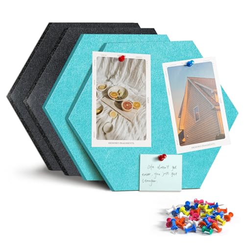 Uoisaiko 12' Large Bulletin Board with 15 Push Pins, Pack of 4 Hexagon Felt Pin Board Notice Boards for Home Office, Felt Wall Tiles for Photos Memos (Lake Blue Grey)