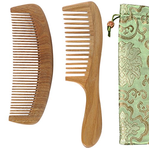 kilofly Genuine No Static Natural Sandalwood Comb [Set of 2] + Carrying Pouch