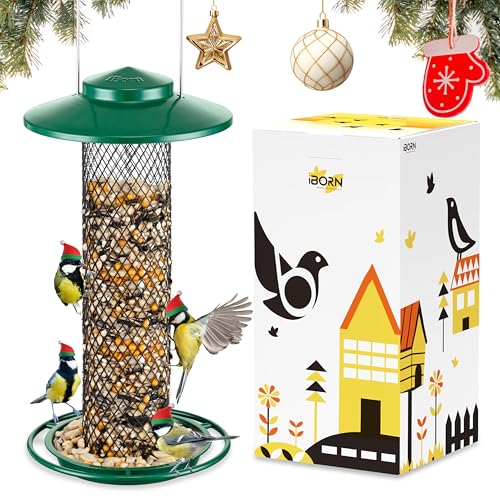 iBorn Peanut Bird Feeder,Sunflower Seed Feeder,13.5 Inch Metal Mesh Tube Bird Feeders for Outdoors Hanging,Squirrel Proof Birdfeeders for Peanut with 17cm Weatherproof Roof & Tray,2 LB Capacity,Green