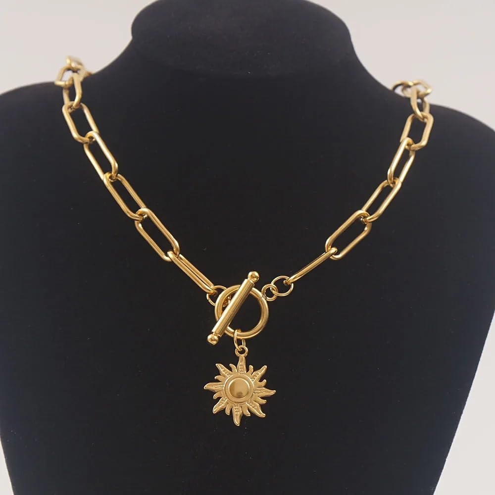 925 srebro moneta naszyjnik przełączny dla kobiet, Vintage Sun wisiorek naszyjniki-gwiazda długi łańcuszek Choker, punkowy gruby łańcuszek