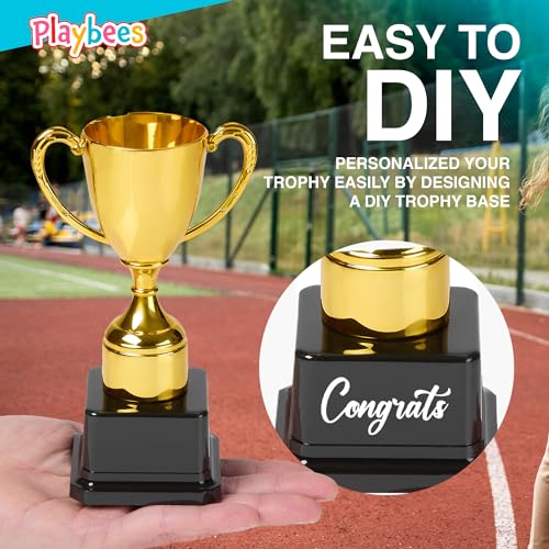 playbees fun gold plastic trophies - 3 pack - 7 inch - award trophy cup set for superstar kids - champion celebrations sports galore and victory vibes - desktop toy