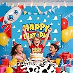 Cowboy and Space Birthday Decorations for Boys, Cartoon Theme Party Supplies with Cloud Backdrop, Cow Print Tablecloth, Rocket Foil Balloon, Cake Toppers, Red Yellow Blue Balloon Arch Kit - Image 4
