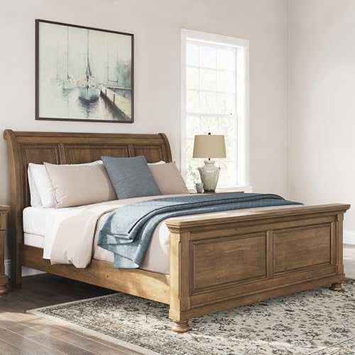 Image of Signature Design by Ashley Traditional Wood King Sleigh Bed Frame | Poplar solids, Pine veneer and engineered wood, Laminated support rails, King size sleigh bed, Glarrison Series