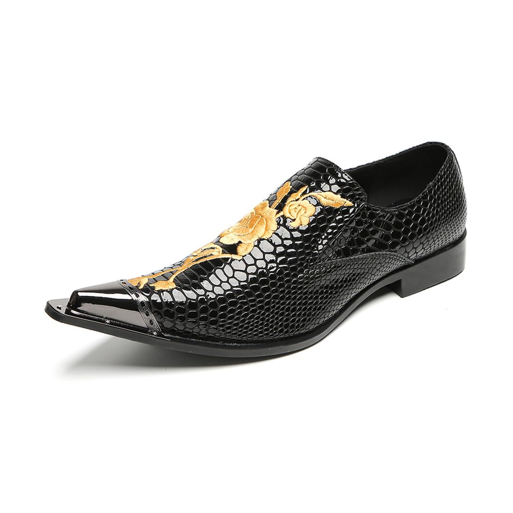 Scarpe da Cerimonia Uomo con Ricamo a Rosa Dorata, Mocassini in Pelle Rossa Trama Serpente con Punta Metallica per Matrimoni e Gala