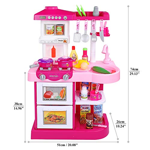 Temi Kitchen Playset Pretend Food - 34 PCS Kitchen Toys for Toddlers, Toy Accessories Set w/ Real Sounds and Light, Suitable Height (Pink)