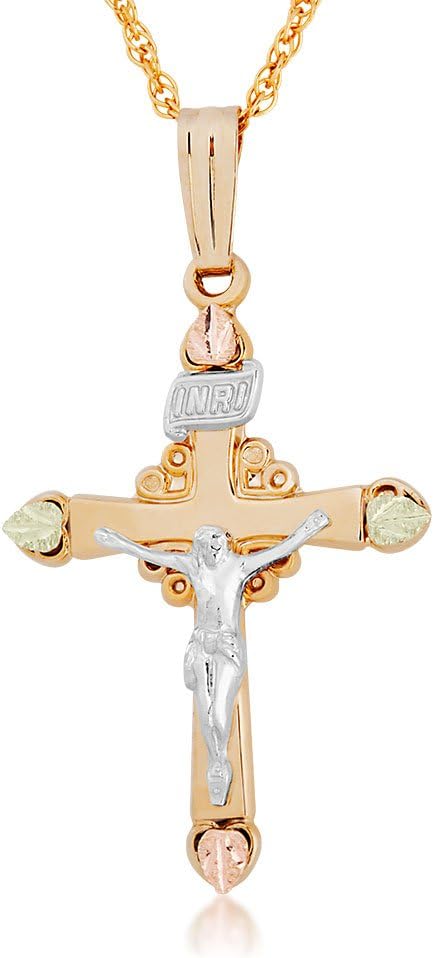 10k Yellow Gold Christ is Risen Cross Pendant Necklace for Women, 12k Green, Rose Black Hills Gold 18-Inches Chain Gold Jewelry Necklaces Simple Faith Jewelry Gift for Ladies Teens
