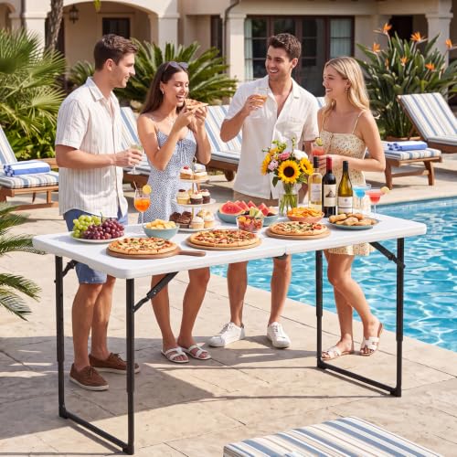 Image of Folding Table, 4 Foot Folding Picnic Table with Adjustable Height, Heavy Duty Folding Portable Table for Weddings, Camping, RV Travel, Parties, BBQs and Indoor Use, Easy to Fold and