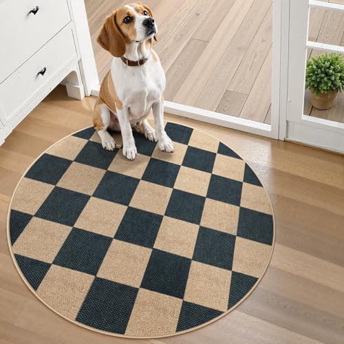 Lahome Checkered Easy Jute Entryway Rug, 3ft Round Washable Rugs Black