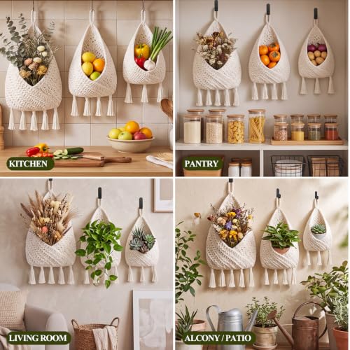 Image of Honeydak 3 Hanging Baskets, White, Triangular Tassel, Jute