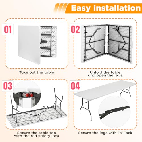 Image of FDW 8FT Folding Table, Portable Fold-in-Half Plastic Picnic Party Table with Carrying Handle (White, 8FT)