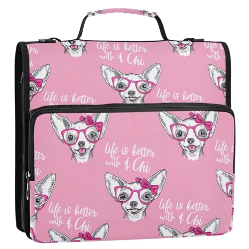 カラフルなジップアップバインダーオーガナイザー 1 1/2インチ バインダー 3リング キュート チワワ犬 ピンク リボン ピンク スケッチ マルチポケット 大きなポートフォリオ フォルダー キーパー バインダーバッグ ストラップ付き 学校用