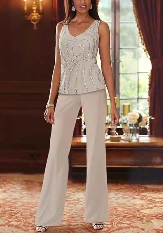 3 Piece Mother of The Bride Pantsuits for Wedding Chiffon Lace Sequins Formal Evening Party with Jacket - Image 2